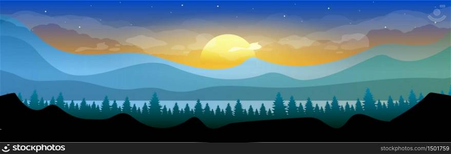 Sunrise in woodland flat color vector illustration. Coniferous forest in early morning. Mountains skyline. Wild nature. Fir trees and hills 2D cartoon landscape with sun and sky on background. Sunrise in woodland flat color vector illustration