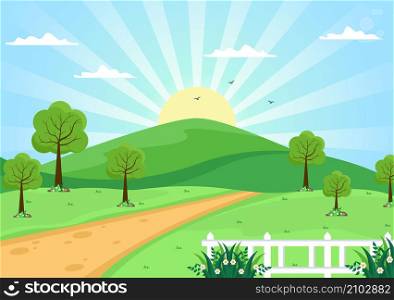 Sunrise Landscape of Morning Scene Mountains, Hill, Lake and Valley in Flat Nature for Poster, Banner or Background Illustration