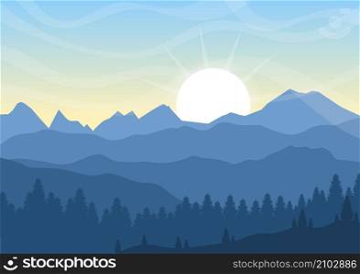 Sunrise Landscape of Morning Scene Mountains, Hill, Lake and Valley in Flat Nature for Poster, Banner or Background Illustration
