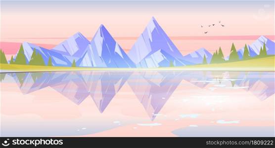 Sunrise landscape with lake, mountains and trees on coast. Vector cartoon illustration of nature scenery with coniferous forest on river shore, rocks, fog above water and birds in pink sky. Sunrise landscape with lake, mountains and trees