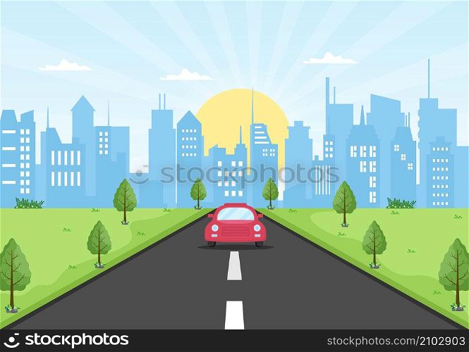 Sunrise Modern City Skyline Landscape with Town Buildings and Cityscape Sky in Flat Illustration for Poster, Banner or Background