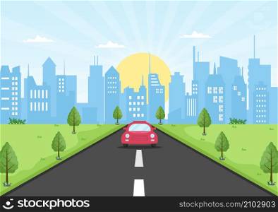 Sunrise Modern City Skyline Landscape with Town Buildings and Cityscape Sky in Flat Illustration for Poster, Banner or Background