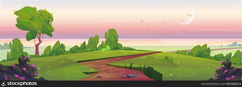 Sunrise nature landscape, summer early morning cartoon background with narrow dirt road going along green field to lake or sea shore. Path under pink sky with crescent, game, scene Vector illustration. Sunrise nature landscape, summer early morning