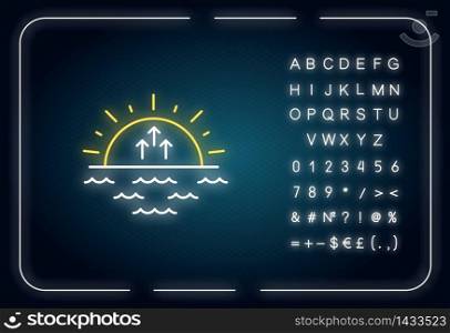 Sunrise neon light icon. Outer glowing effect. Morning sunlight, dawn, weather forecast sign with alphabet, numbers and symbols. Sun rising above sea horizon vector isolated RGB color illustration. Sunrise neon light icon