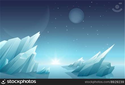 Sunrise on another alien planet landscape with ice vector image