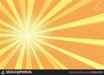 Sunrise, pop art retro vector illustration. Yellow rays on orange background