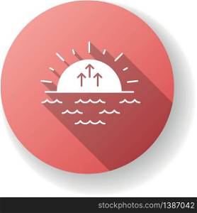 Sunrise red flat design long shadow glyph icon. Morning sunlight, dawn, weather forecast. Transition from nighttime to daytime. Sun rising above sea horizon silhouette RGB color illustration. Sunrise red flat design long shadow glyph icon