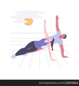 Sunrise session isolated cartoon vector illustrations. Couple doing morning yoga together, stretching exercises at sunrise, fitness activity, sport addiction, recreation time vector cartoon.. Sunrise session isolated cartoon vector illustrations.