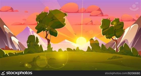 Sunrise sky and mountain near forest cartoon landscape. Summer morning nature scenery with sun, cloud and green tree. Adventure calm valley environment horizontal illustration perspective view. Sunrise sky and mountain near forest landscape