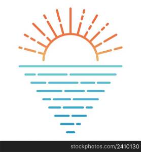 Sunrise sunset over the sea ocean, rays of light reflected from the water, vector sun sea minimalist icon symbol of tourism and travel