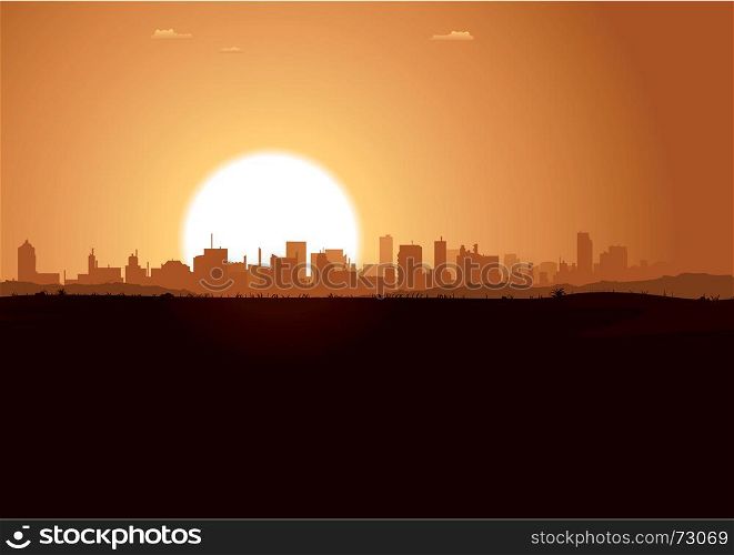 Sunrise Urban Landscape. Illustration of a summer urban landscape in the sunrise