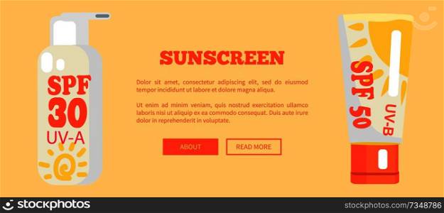 Sunscreen advertising banner with light orange background and inscription. Vector illustration depicting different types of spf sunblock lotion. Sunscreen Banner with Light Orange Background
