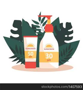 Sunscreen and elk on tropical leaves background. UV protection. Prevention of aging and skin cancer. Flat isolated vector illustration on white background.