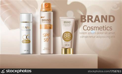 Sunscreen body spray and cream in beige color. Leaves shadows on backgrond. Product placement mockup vector. Sunscreen body spray and cream in beige color. Product placement mockup