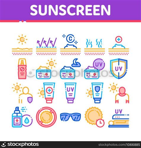 Sunscreen Collection Elements Icons Set Vector Thin Line. Sun Lotion And Medical Cream, Protection Skin And Human Silhouette, Sunscreen Concept Linear Pictograms. Color Contour Illustrations. Sunscreen Collection Elements Icons Set Vector