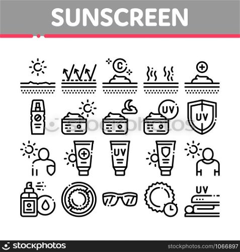 Sunscreen Collection Elements Icons Set Vector Thin Line. Sun Lotion And Medical Cream, Protection Skin And Human Silhouette, Sunscreen Concept Linear Pictograms. Monochrome Contour Illustrations. Sunscreen Collection Elements Icons Set Vector