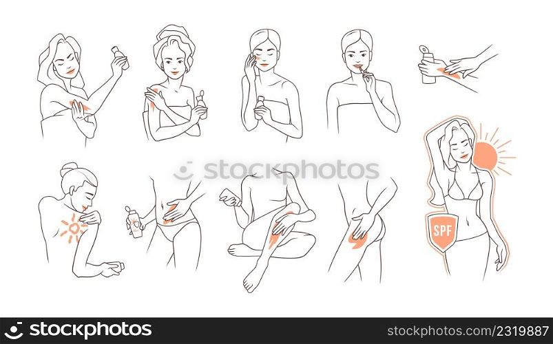 Sunscreen cream. Cartoon girl applying lotion on body hands and face. Summer sun protection. Beach beauty care. Sunblock cosmetic moisturizer. SPF products. Vector outline female naked figures set. Sunscreen cream. Cartoon girl applying lotion on body hands and face. Summer sun protection. Beauty care. Sunblock cosmetic moisturizer. SPF products. Vector outline female figures set