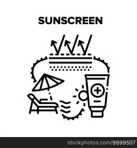Sunscreen Cream Vector Icon Concept. Sunscreen Skin Protection Lotion, Creamy Cosmetic Tube For Protect And Skincare From Sun. Sunblock For Resting On Beach And Good Sunburn Black Illustration. Sunscreen Cream Vector Black Illustrations