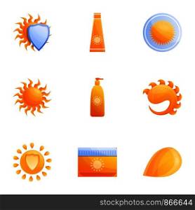 Sunscreen icon set. Cartoon set of 9 sunscreen vector icons for web design isolated on white background. Sunscreen icon set, cartoon style