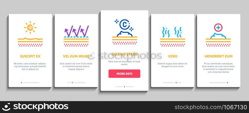 Sunscreen Onboarding Mobile App Page Screen Vector Thin Line. Sun Lotion And Medical Cream, Protection Skin And Human Silhouette, Sunscreen Concept Linear Pictograms. Contour Illustrations. Sunscreen Onboarding Elements Icons Set Vector