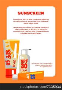 Sunscreen poster with square light orange frame and inscription. Vector illustration depicting different types of spf sunblock lotions. Sunscreen Poster Depicting Various Lotions