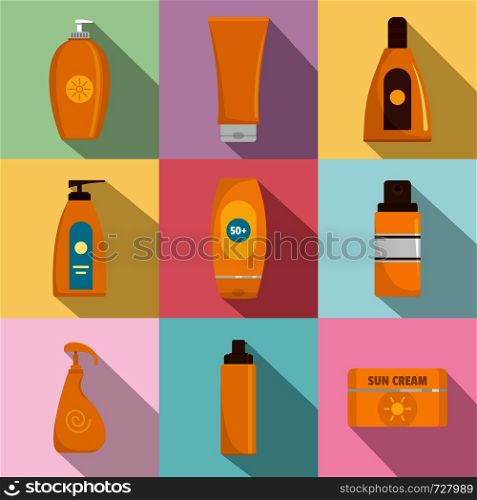 Sunscreen protection bottle icons set. Flat illustration of 9 sunscreen protection bottle vector icons for web. Sunscreen protection bottle icons set, flat style
