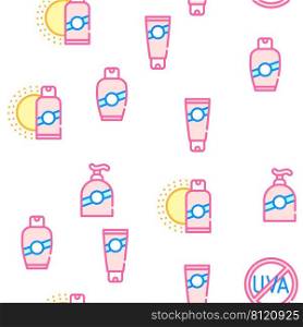 Sunscreen Protection Collection Vector Seamless Pattern Color Line Illustration. Sunscreen Protection Collection Icons Set isolated illustration