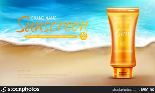 Sunscreen protection cosmetic ad banner, summer uv block cream tube stand on sand at coastline with foamy sea waves background, skin care solar lotion. Realistic 3d vector illustration, promo poster. Sunscreen protection uv cosmetic banner, summer