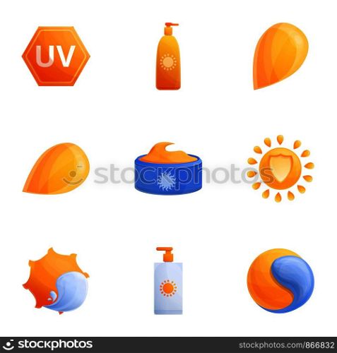Sunscreen protection icon set. Cartoon set of 9 sunscreen protection vector icons for web design isolated on white background. Sunscreen protection icon set, cartoon style