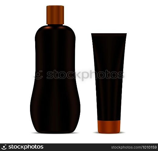Sunscreen protection sun care cosmetic containers Brown set. Lotion Bottle and Cream Tube Packaging for Spf Protection.Spa Skin Moisturizer Blank Collection. Vector illustration.. Sunscreen protection sun care cosmetic container