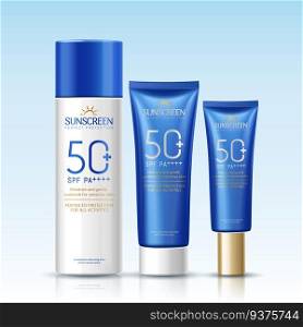 Sunscreen set package design set in 3d illustration on blue background. Sunscreen set package design