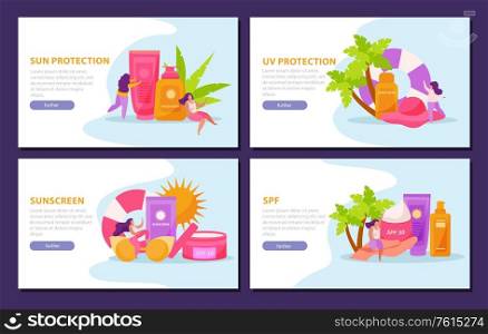 Sunscreen skin care flat 4x1 set of horizontal banners with clickable buttons editable text and images vector illustration
