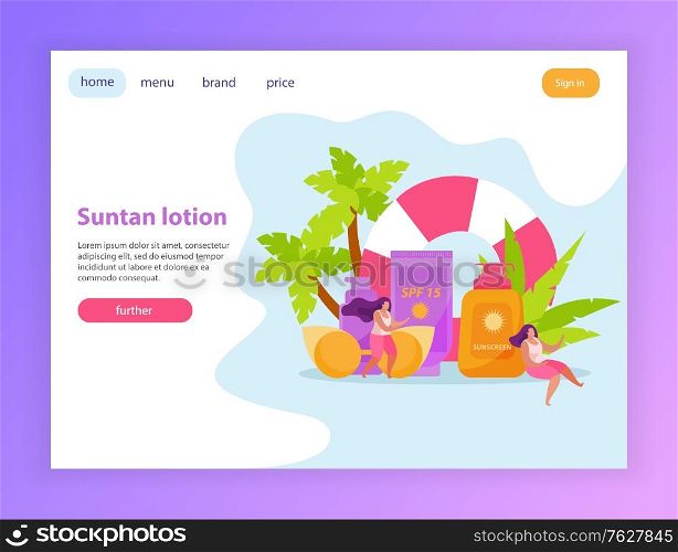 Sunscreen skin care flat composition of web site page elements with clickable links text and images vector illustration