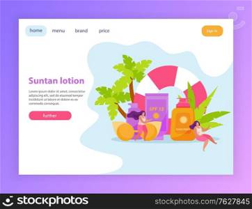 Sunscreen skin care flat composition of web site page elements with clickable links text and images vector illustration