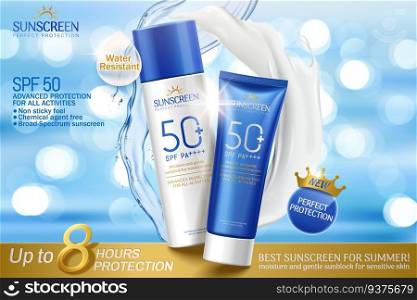 Sunscreen spray and cream set with watery and smooth texture on glitter blue background in 3d illustration. Sunscreen spray and cream set