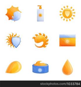 Sunscreen spray icon set. Cartoon set of 9 sunscreen spray vector icons for web design isolated on white background. Sunscreen spray icon set, cartoon style