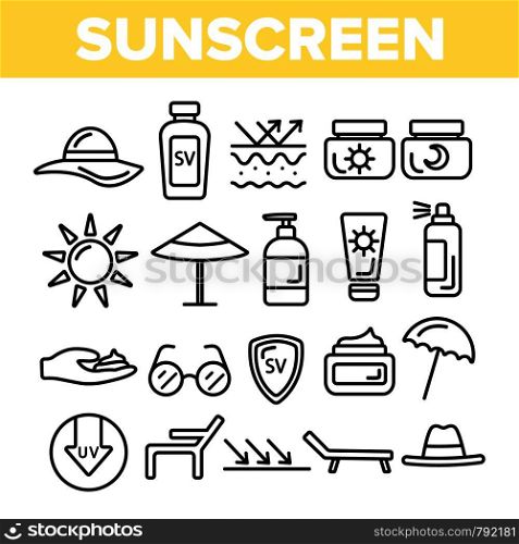 Sunscreen, UV Defence Vector Thin Line Icons Set. Sunscreen, Suntan Rules Linear Illustrations. Summer, Seaside Vacations Cosmetics. Skin Protection, Hats, SPF Cream, Sunglasses Contour Pictograms. Sunscreen, UV Defence Vector Thin Line Icons Set
