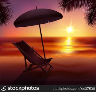 Sunset And Beach Background. Sunset lounge and umbrella on beach in tropics background cartoon vector illustration