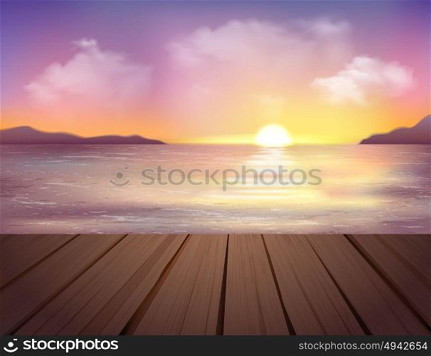 Sunset And Sea Background. Landscape with sea mountains pier and sunset in colorful sky with clouds cartoon vector illustration