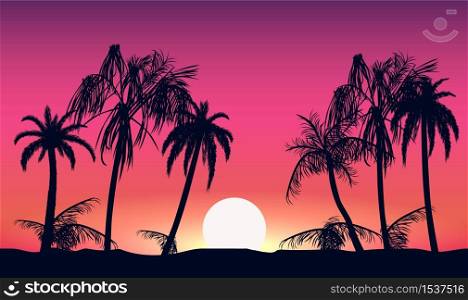 Sunset and silhouettes of palm trees. Tropical beach on background pink setting sun beautiful paradise coast resort romantic lagoon with exotic vector evening.. Sunset and silhouettes of palm trees. Tropical beach on background pink setting sun.