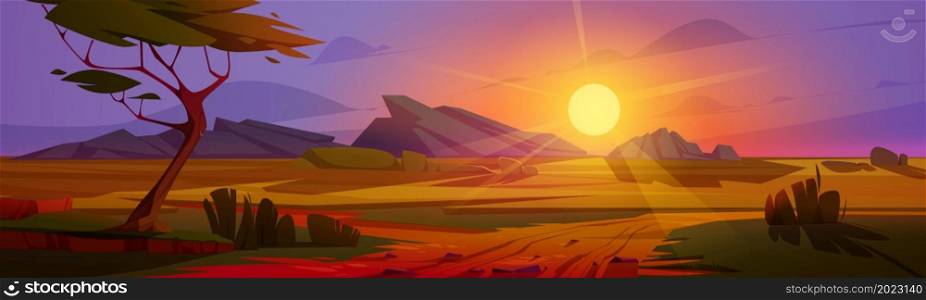 Sunset at African savannah landscape, wild nature of Africa evening view, cartoon background with green tree, rocks and plain grassland field under dusk sky. Kenya panoramic scene, Vector illustration. Sunset at African savannah landscape, wild nature