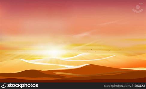 Sunset at desert landscape with sand dunes with orange sky in evening,Vector illustration beautiful nature with sunrise in the morning,Banner background for Islam,Muslim for Eid Mubarak,Eid al fitr