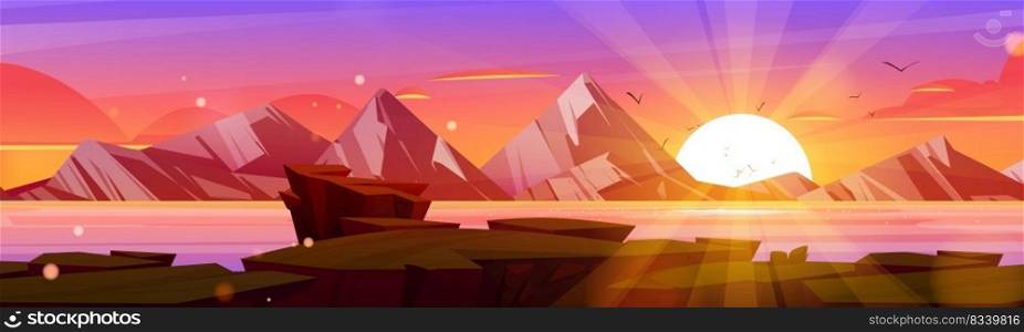 Sunset at scenery mountains landscape, nature view. Cartoon background of beautiful pink or purple cloudy sky and dusk sun rays shining behind of rock peak over calm water pond, Vector illustration. Sunset at scenery mountains landscape, nature
