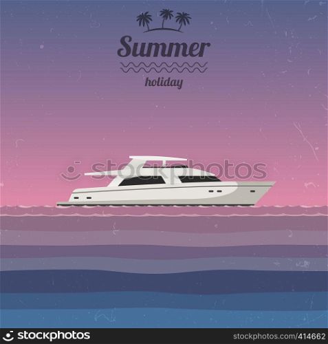 Sunset at sea with a yacht on the horizon. Grunge illustration of summer vacation.. Sunset at sea with a yacht