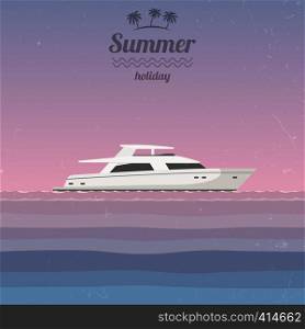 Sunset at sea with a yacht on the horizon. Grunge illustration of summer vacation.. Sunset at sea with a yacht