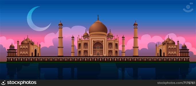 Sunset at Taj Mahal in Agra, India, river Yamuna, gradient beautiful sky with crescent, colorful panoramic vector illustration. Sunset at Taj Mahal in Agra, India, panoramic city vector