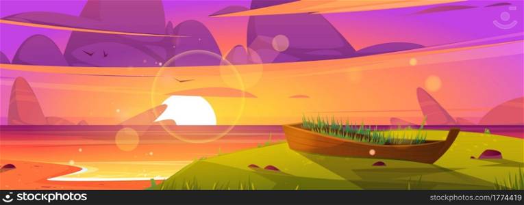 Sunset beach and old wooden boat with growing grass inside. Ocean landscape, purple clouds in sky with shining sun above sea water, scenery evening shore, nature background Cartoon vector illustration. Sunset beach and old wooden boat with grass grow