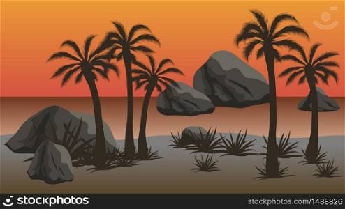 Sunset beach landscape background. Night scene with palms, rocks, beach and sea. Vector illustration