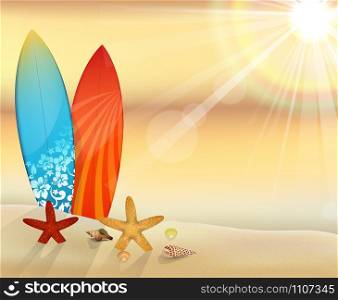 Sunset beach with surfboards