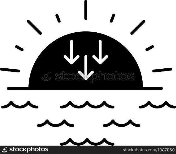 Sunset black glyph icon. Evening, sundown, weather forecasting silhouette symbol on white space. Sea, ocean at dusk. Transition from day to night. Sun setting over horizon vector isolated illustration. Sunset black glyph icon